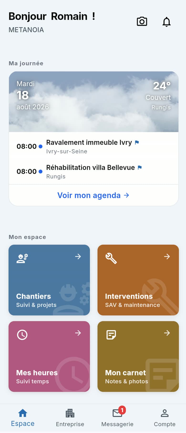BatiNeoPro — la journée de travail : agenda et raccourcis métier