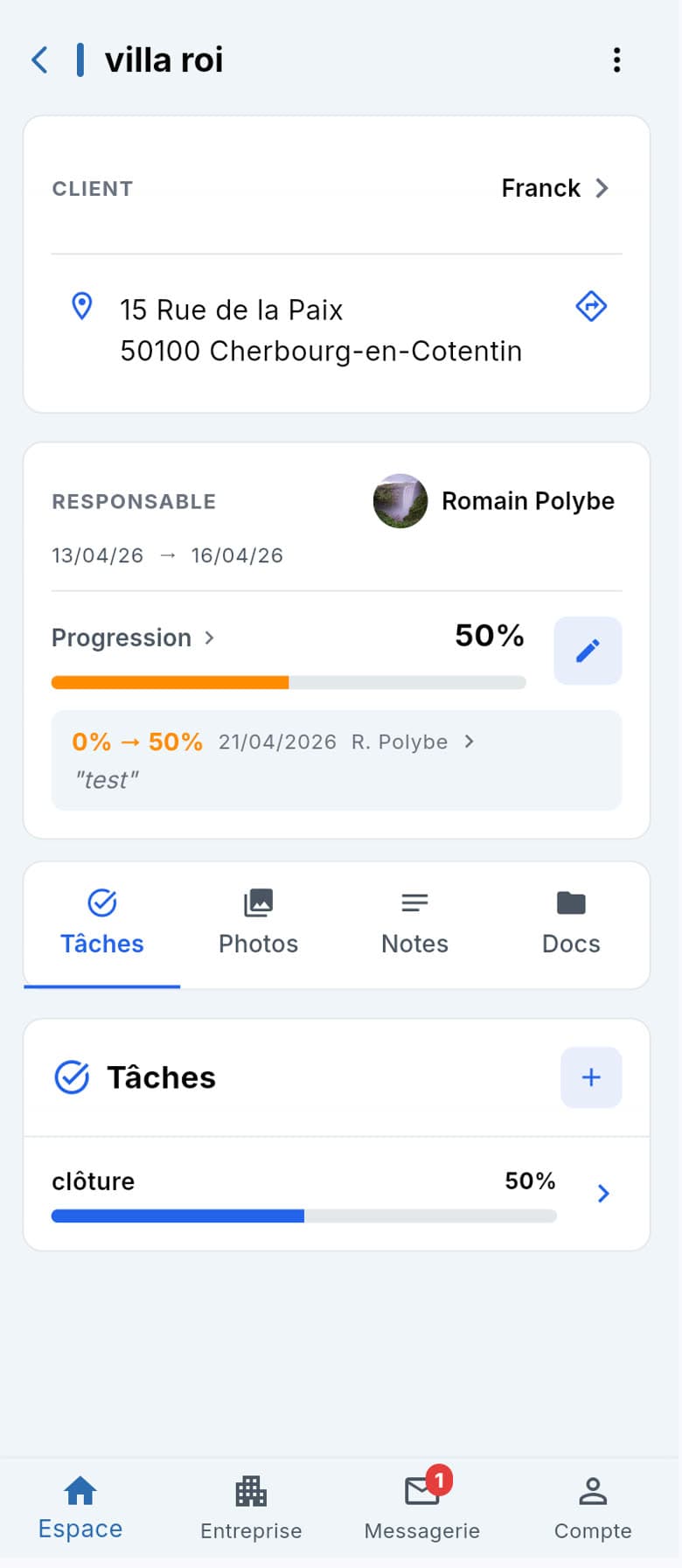 BatiNeoPro — fiche d'un chantier : tâches, photos, notes et documents